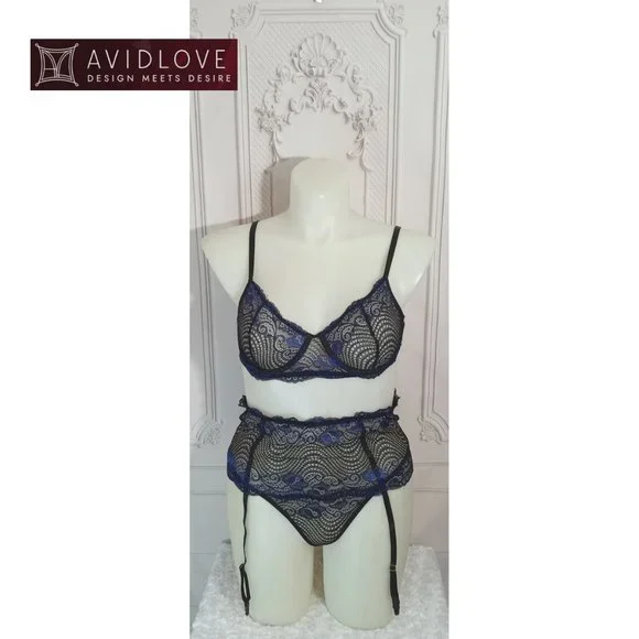 NWT Avid Love 3Pcs/Set Lace Floral Bra+G-string Panties+Garter Belt Plus XXL - Picture 2 of 10